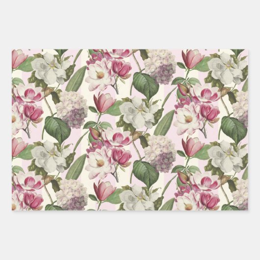 マグノリアスとアジサイヴィンテージ植物学 ラッピングペーパーシート (正面3)