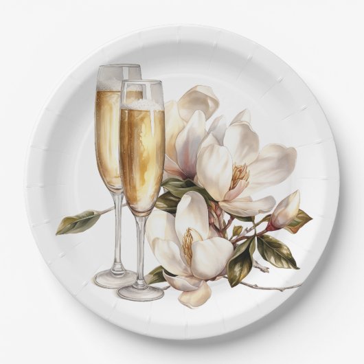 マグノリアスとシャンパングラス結婚ズ ペーパープレート (正面)
