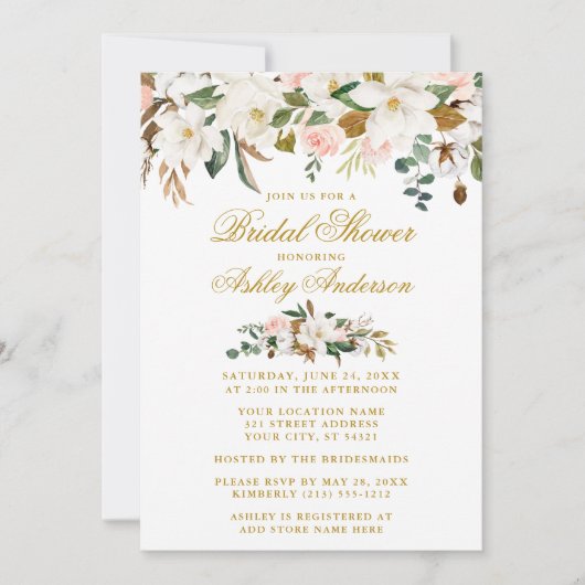 マグノリアスバラ金ゴールドピンクエレガントブライダルシャワー 招待状 (正面)