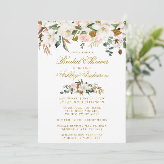 マグノリアスバラ金ゴールドピンクエレガントブライダルシャワー 招待状 (スタンド正面)