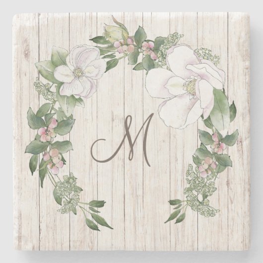 マグノリアス付きエイジングウッドモノグラムリース ストーンコースター (正面)