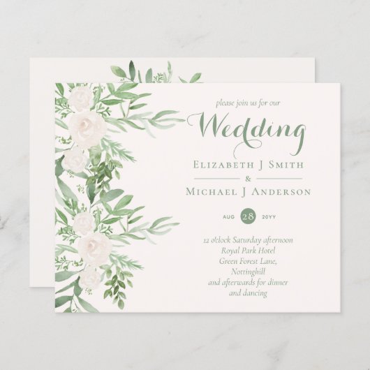 マグノリアセージ緑のフローラ結婚式の招待BUDGET (正面/裏面)