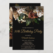 マグノリアトップ金ゴールドとブラックフローラ誕生日 招待状 (正面/裏面)