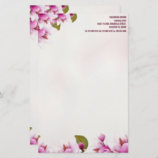 マグノリアピンクパーソナライズされたフローラ 便箋 (正面/裏面)