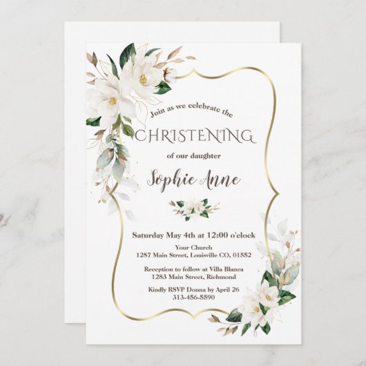 マグノリアフラワーズエアリーグリーン金ゴールド《キリスト教》洗礼式や命名式 招待状 (正面/裏面)
