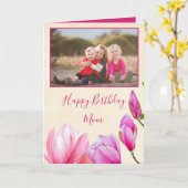 マグノリアフラワーズハッピーバースデーマムフォト カード (黄色い花)