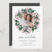 マグノリアフレームリース写真結婚式の日付を保存 セーブザデート (正面/裏面)