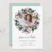 マグノリアフレームリース写真結婚式の日付を保存 セーブザデート (正面/裏面)