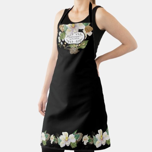 マグノリアフローラウォーターカラーブラックnホワイトキッチン エプロン (インサイチュ)