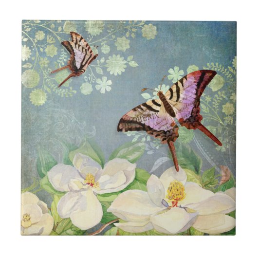 マグノリアフローラバタフライブルー水彩ヴィンテージ タイル (正面)