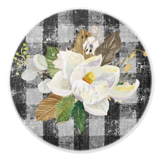 マグノリアフローラファームハウス素朴白黒チェック セラミックノブ (正面)