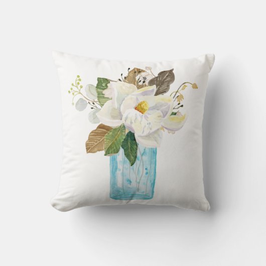 マグノリアフローラブーケーブルーグラス花瓶 クッション (正面)