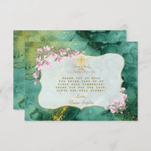 マグノリアフローラマラカイト金ゴールド聖餐式 サンキューカード (正面/裏面)