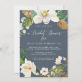 マグノリアフローラ水彩リーフほこりっぽいブルーネイビー 招待状 (正面)