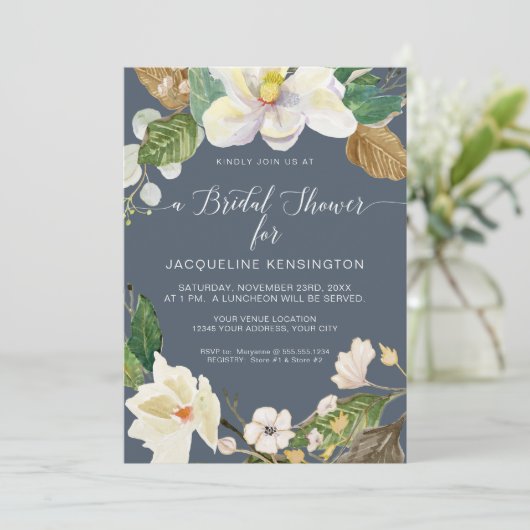 マグノリアフローラ水彩リーフほこりっぽいブルーネイビー 招待状 (スタンド正面)