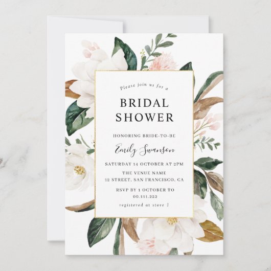 マグノリアフローラ金ゴールドフレームブライダルシャワー 招待状 (正面)