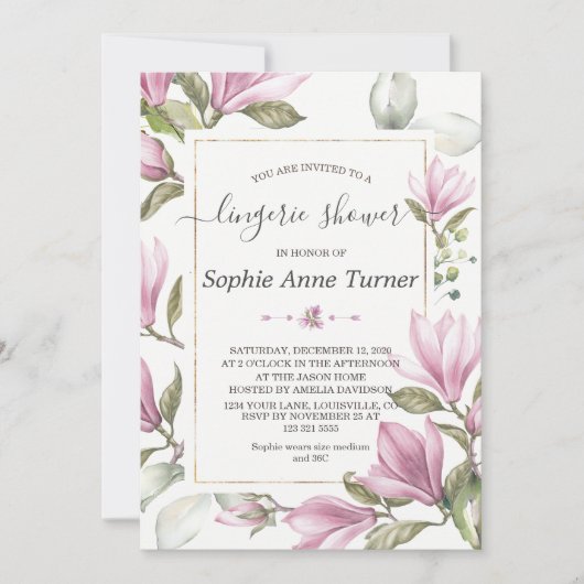 マグノリアフローラ金ゴールド書道ランジェリーシャワー 招待状 (正面)