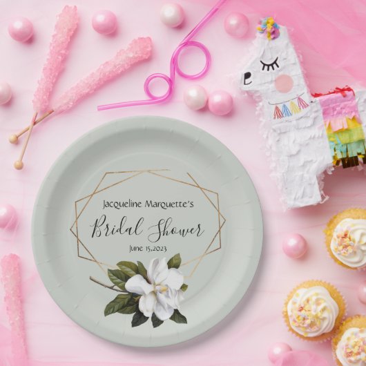 マグノリアブライダルシャワーと金ゴールドとセージ ペーパープレート (パーティー)