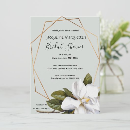 マグノリアブライダルシャワーと金ゴールドとセージ 招待状 (スタンド正面)