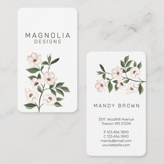 マグノリアホワイトフラワーブランチイラストレーションホワイト 名刺 (正面/裏面)