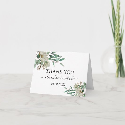 マグノリアユーカリプトゥスウォーターカラーエレガントな結婚式 サンキューカード (正面)