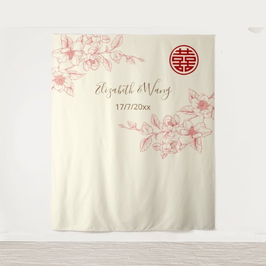 マグノリアレッドピンククリームバック中国のバック タペストリー (正面)