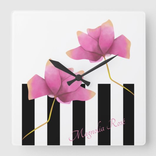 マグノリアロゼモダンフローラとストライプ スクエア壁時計 (正面)