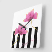 マグノリアロゼモダンフローラとストライプ スクエア壁時計 (傾斜)