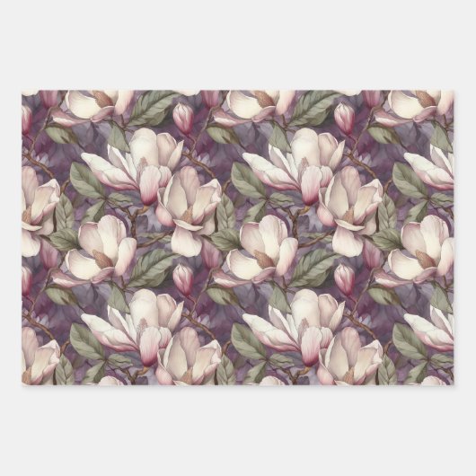 マグノリア手色彩の鮮やかフローラアートパープル ラッピングペーパーシート (正面)