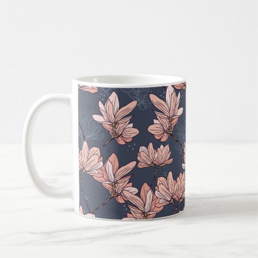 マグノリア日本の花、シームレス、ヴィンテージスタイル コーヒーマグカップ (左)