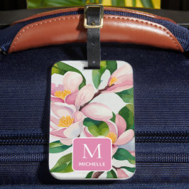 マグノリア植物芸術モダンピンクモノグラム ラゲッジタグ