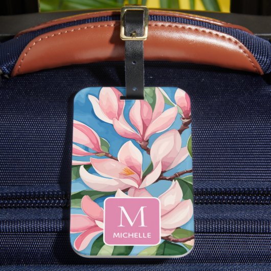 マグノリア植物芸術モダンピンクモノグラム ラゲッジタグ (正面インサイチュ2)