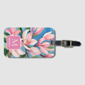 マグノリア植物芸術モダンピンクモノグラム ラゲッジタグ (正面横)