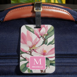 マグノリア植物芸術モダンピンクモノグラム ラゲッジタグ