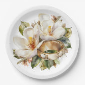 マグノリア結婚スと金ゴールドの結婚リングや輪 ペーパープレート (正面)