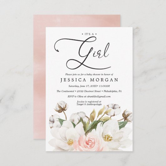 マグノリア綿ベビーシャワー招待状カード 招待状 (正面/裏面)