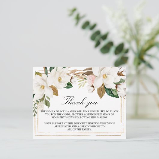 マグノリア花と金ゴールドフレーム葬儀 サンキューカード (スタンド正面)