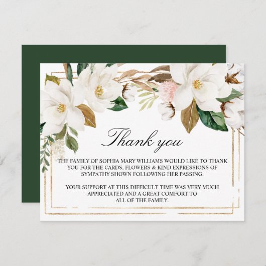 マグノリア花と金ゴールドフレーム葬儀 サンキューカード (正面/裏面)