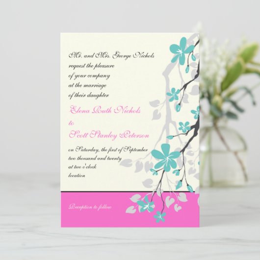 マグノリア花ターコイズホットピンク結婚ズ 招待状 (スタンド正面)