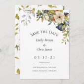 マグノリア花 |紫エレガントフローラ緑 セーブザデート (正面/裏面)