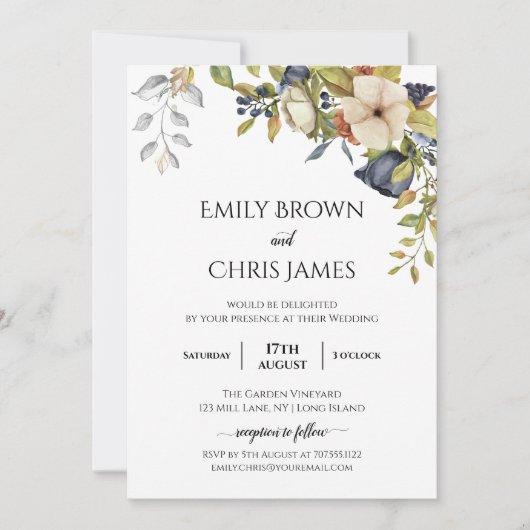 マグノリア花 |紫エレガントフローラ緑 招待状 (正面)