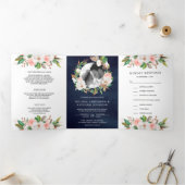 マグノリア赤面ピンクフローラリースネイビー結婚ズ 三つ折り招待状 (内部)