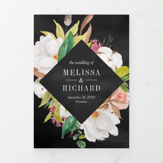 マグノリア赤面ピンクフローラリースブラック結婚ズ 三つ折り招待状 (カバー)