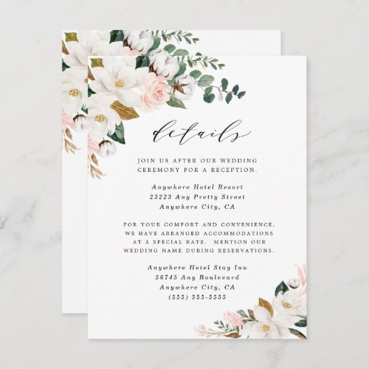 マグノリア赤面ピンク金ゴールドとホワイトフローラ結婚ズ エンクロージャーカード (正面/裏面)