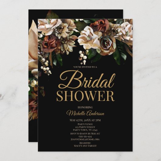 マグノリア金ゴールドとブラックフローラブライダルシャワー 招待状 (正面/裏面)