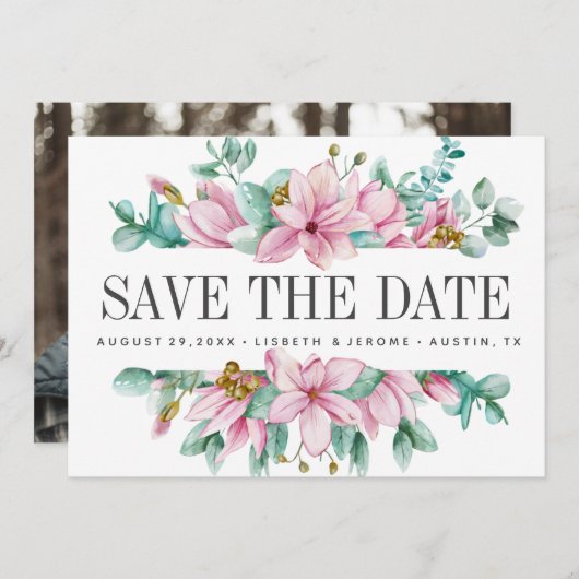 マグノリア開花結婚フローラの写真は日付を保存 セーブザデート (正面/裏面)