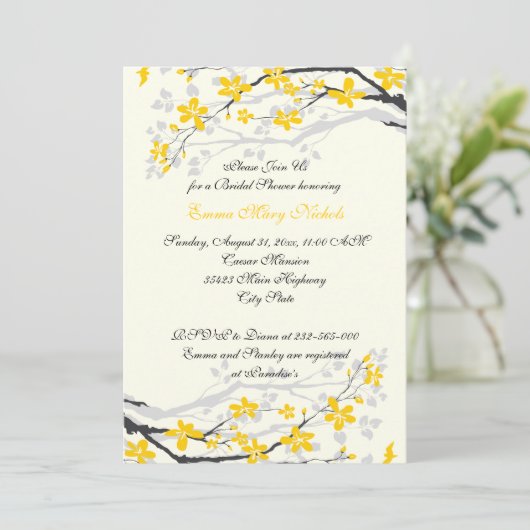 マグノリア黄色、灰色の花のブライダルシャワー 招待状 (スタンド正面)