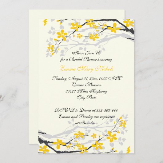 マグノリア黄色、灰色の花のブライダルシャワー 招待状 (正面/裏面)