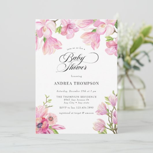 マグノリア | ピンクのフローラ赤ちゃんシャワー 招待状 (スタンド正面)
