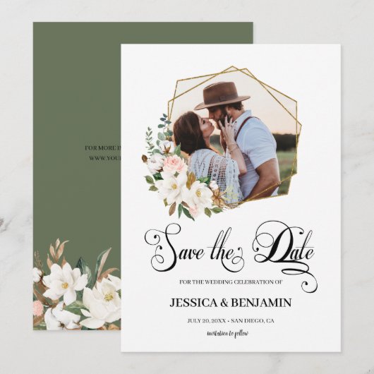 マグノリア フラワーリーフ ゴールド ジオメトリック フォト セーブザデート (正面/裏面)